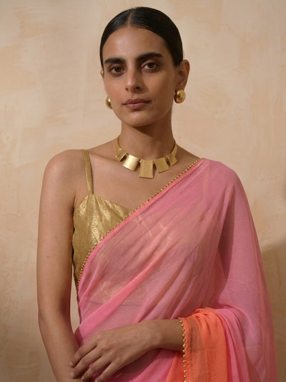 Dhiyona ST Pink and Coral Ombre Chiffon Saree with Self Fabric Blouse