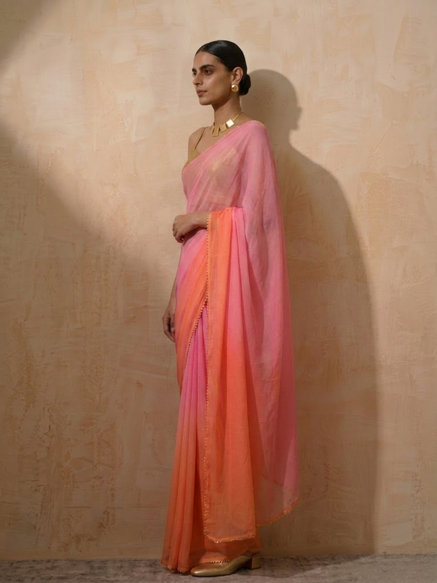 Dhiyona ST Pink and Coral Ombre Chiffon Saree with Self Fabric Blouse