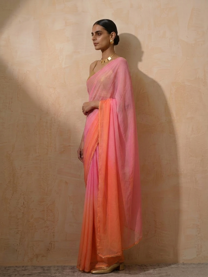Dhiyona ST Pink and Coral Ombre Chiffon Saree with Self Fabric Blouse