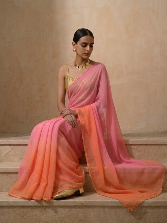 Dhiyona ST Pink and Coral Ombre Chiffon Saree with Self Fabric Blouse