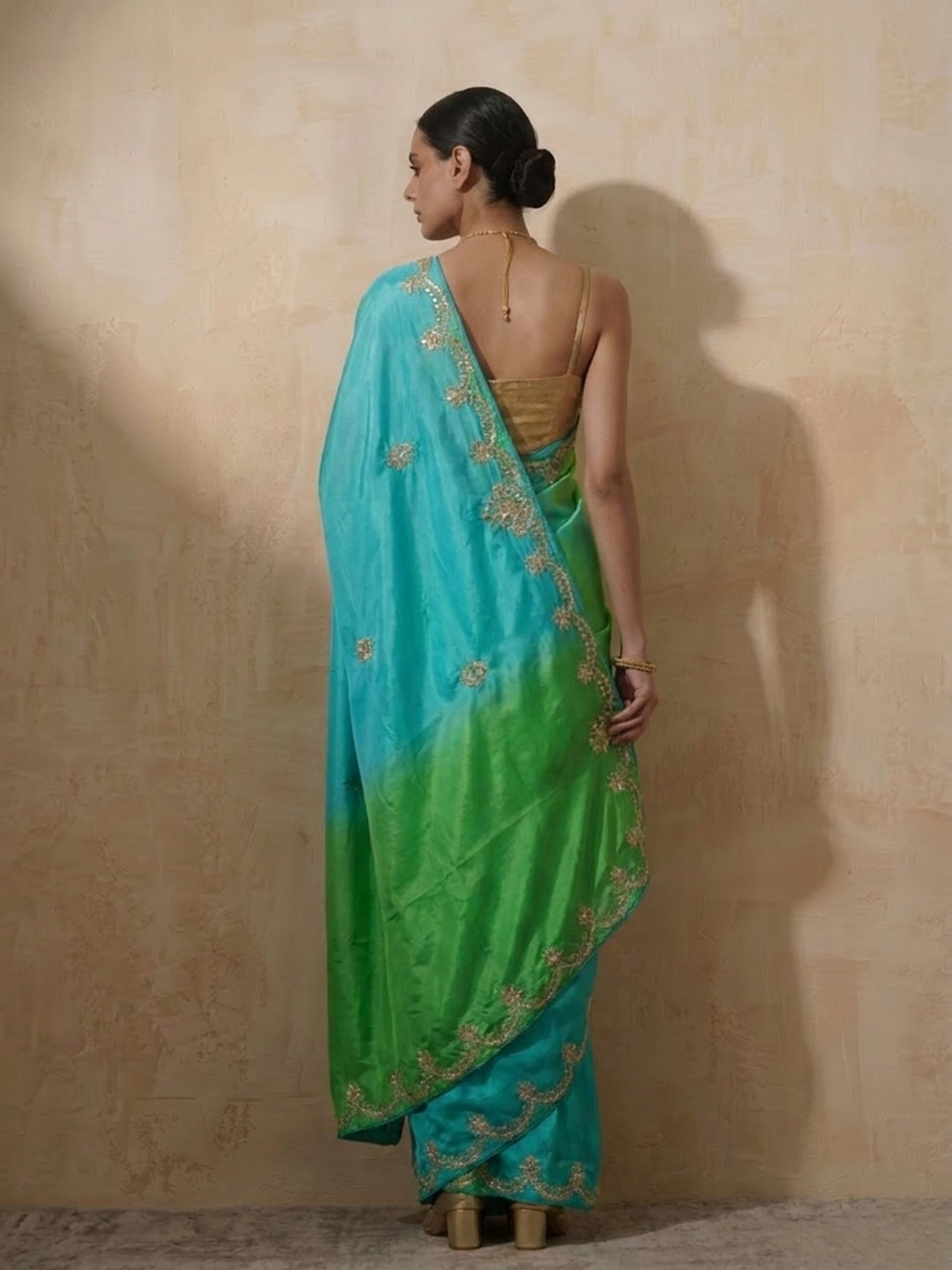 Dhiyona ST Green Blue Gajji Silk Ombre Saree with Handwork with Self Fabric Blouse