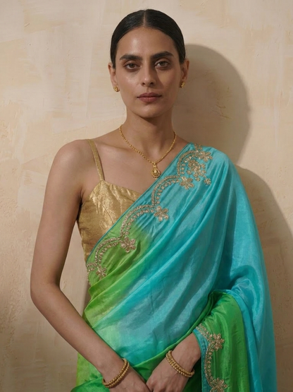 Dhiyona ST Green Blue Gajji Silk Ombre Saree with Handwork with Self Fabric Blouse