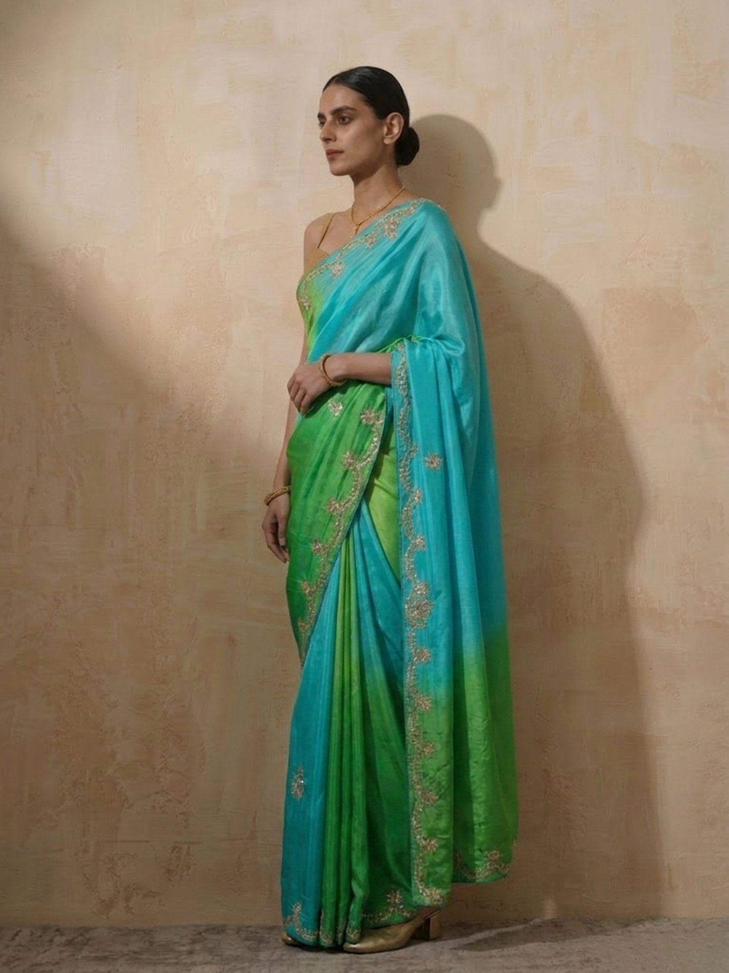 Dhiyona ST Green Blue Gajji Silk Ombre Saree with Handwork with Self Fabric Blouse