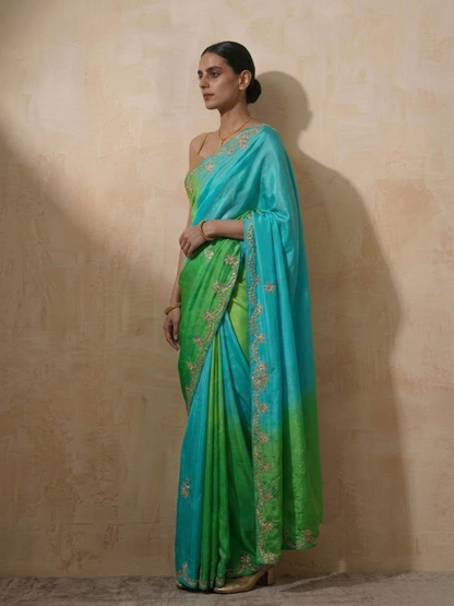 Dhiyona ST Green Blue Gajji Silk Ombre Saree with Handwork with Self Fabric Blouse