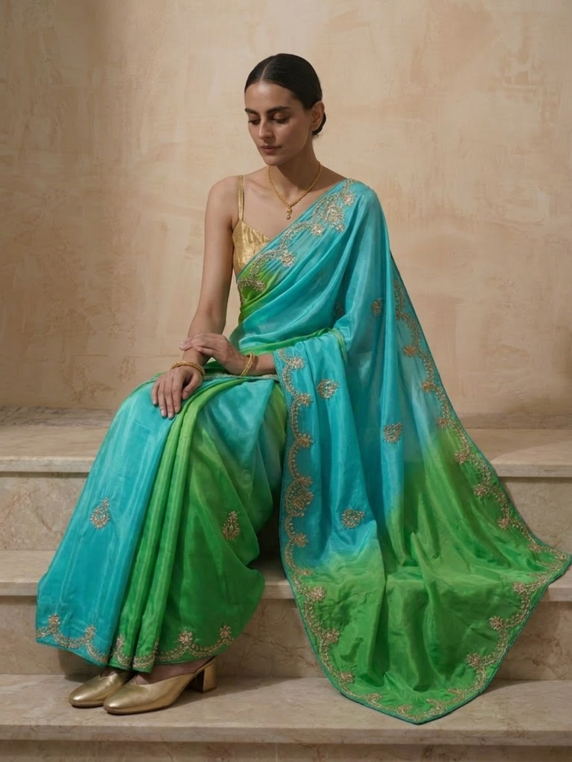Dhiyona ST Green Blue Gajji Silk Ombre Saree with Handwork with Self Fabric Blouse