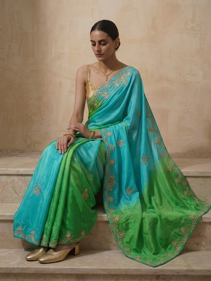 Dhiyona ST Green Blue Gajji Silk Ombre Saree with Handwork with Self Fabric Blouse