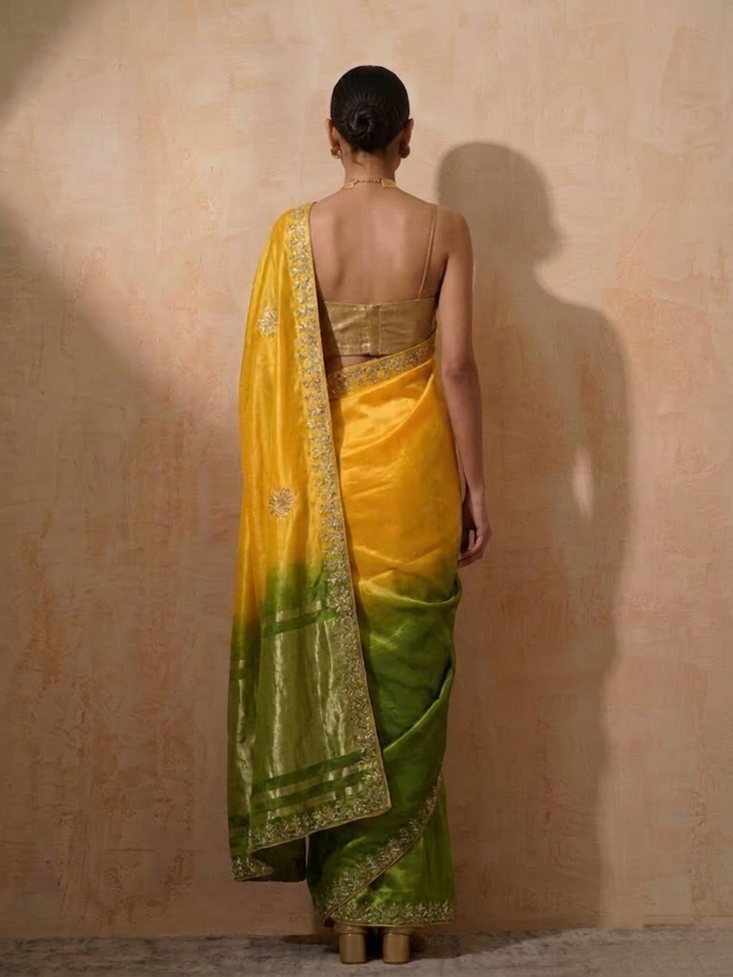 Dhiyona ST Green Yellow Gajji Silk Ombre Saree with Handwork with Self Blouse Fabric