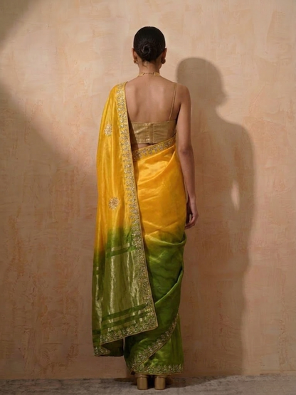 Dhiyona ST Green Yellow Gajji Silk Ombre Saree with Handwork with Self Blouse Fabric