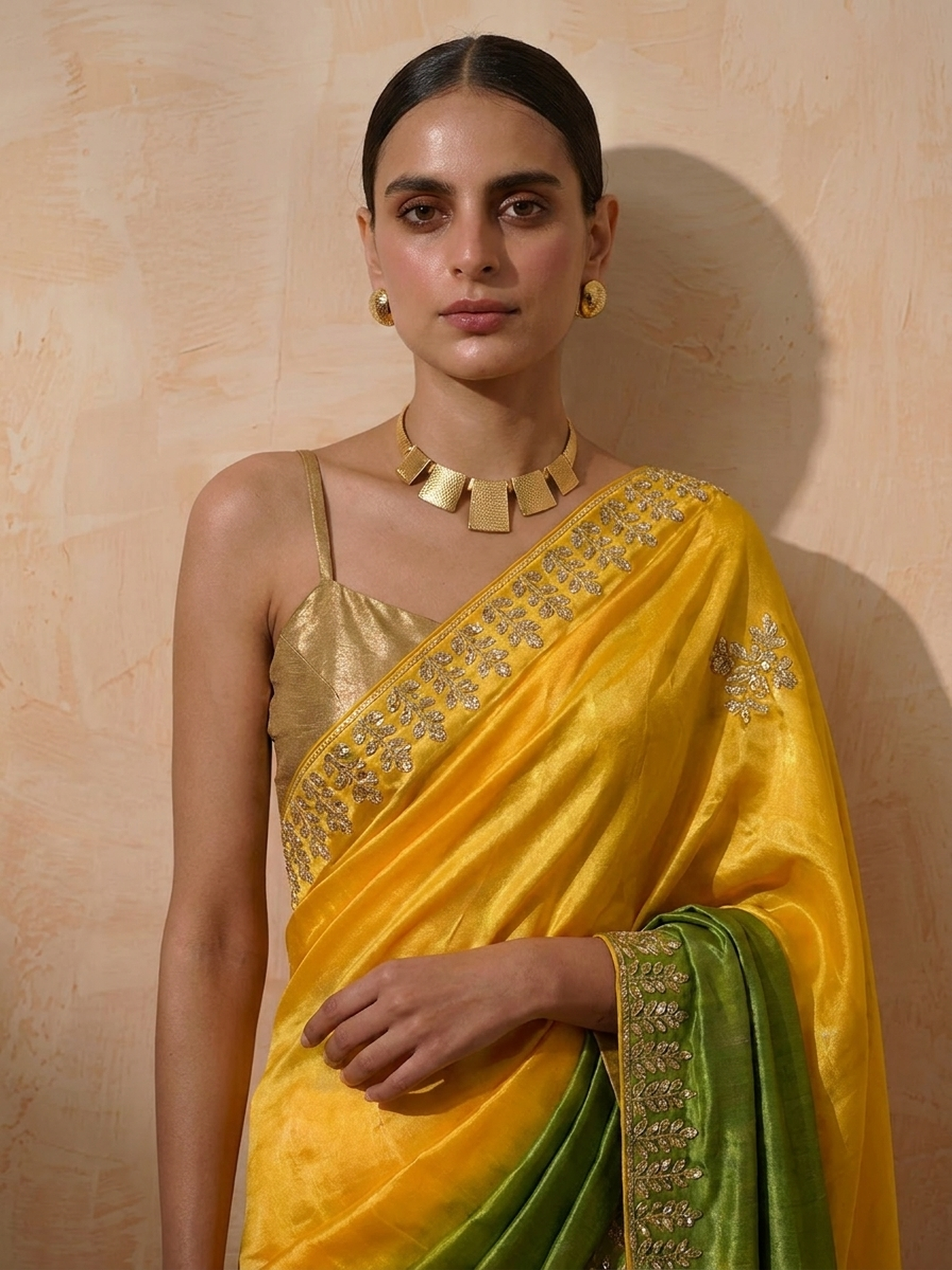 Dhiyona ST Green Yellow Gajji Silk Ombre Saree with Handwork with Self Blouse Fabric