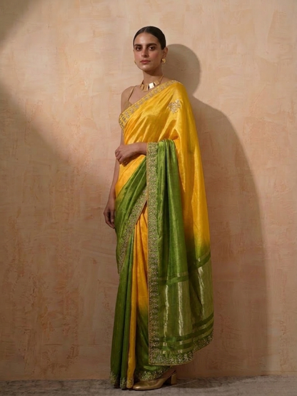 Dhiyona ST Green Yellow Gajji Silk Ombre Saree with Handwork with Self Blouse Fabric