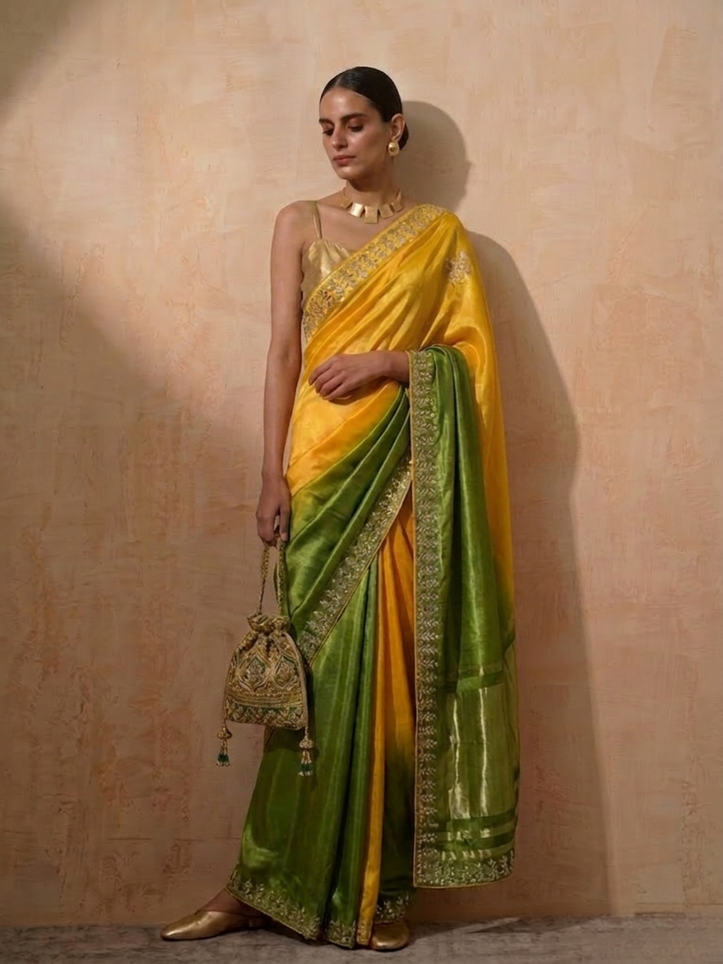 Dhiyona ST Green Yellow Gajji Silk Ombre Saree with Handwork with Self Blouse Fabric