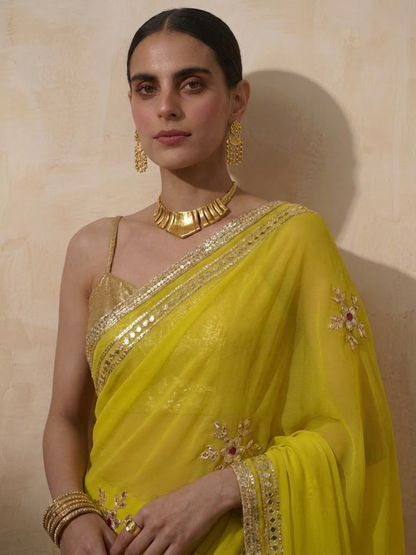 Dhiyona ST Highlighter Chiffon Saree with Gota Patti Handwork with Self Blouse Fabric