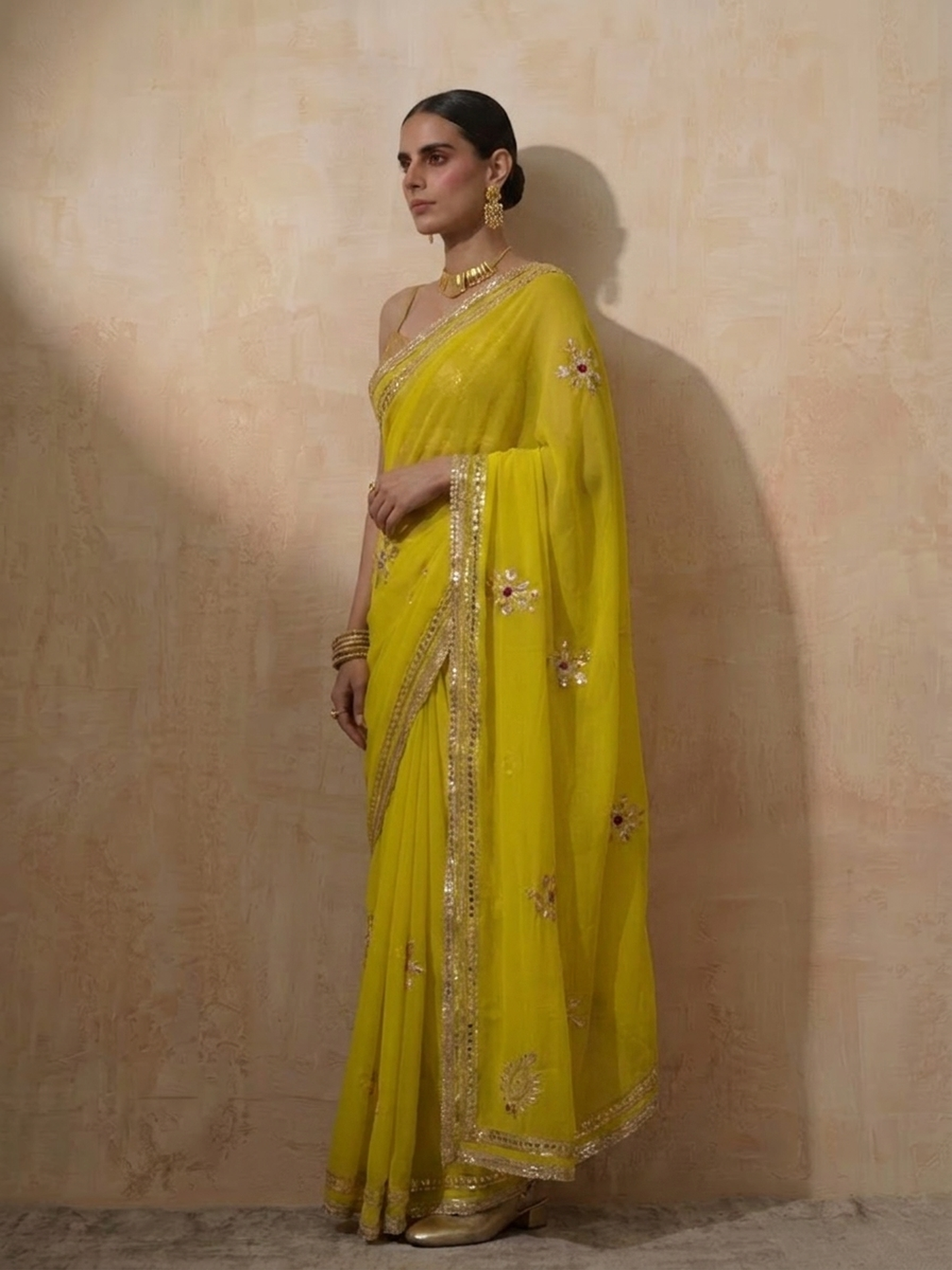Dhiyona ST Highlighter Chiffon Saree with Gota Patti Handwork with Self Blouse Fabric