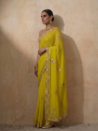 Dhiyona ST Highlighter Chiffon Saree with Gota Patti Handwork with Self Blouse Fabric