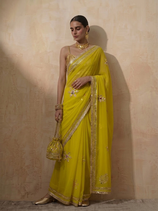 Dhiyona ST Highlighter Chiffon Saree with Gota Patti Handwork with Self Blouse Fabric