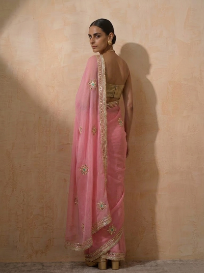 Dhiyona ST Blush Pink Chiffon Saree with Gota Patti Handwork Patches with Self Fabric Blouse
