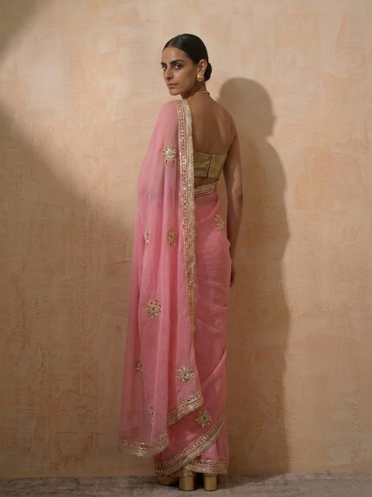 Dhiyona ST Blush Pink Chiffon Saree with Gota Patti Handwork Patches with Self Fabric Blouse
