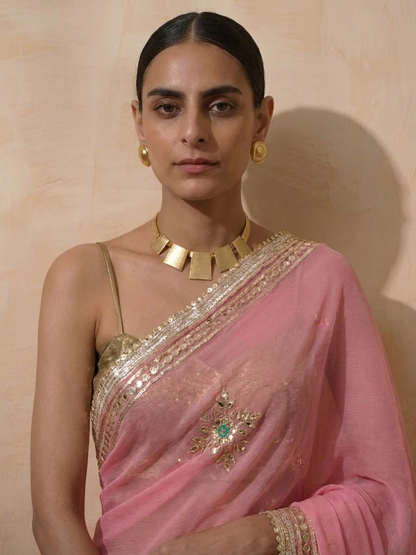 Dhiyona ST Blush Pink Chiffon Saree with Gota Patti Handwork Patches with Self Fabric Blouse