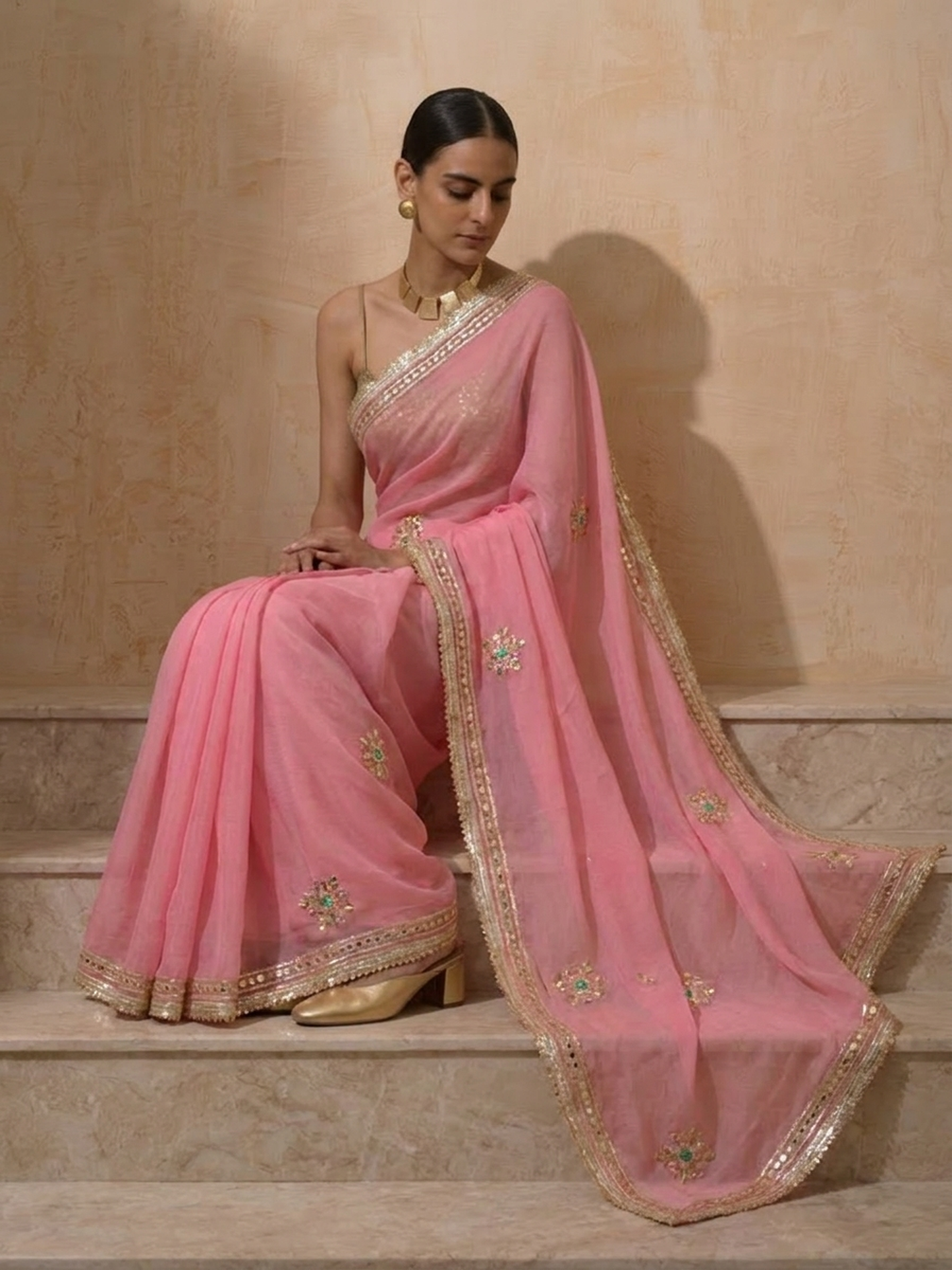 Dhiyona ST Blush Pink Chiffon Saree with Gota Patti Handwork Patches with Self Fabric Blouse