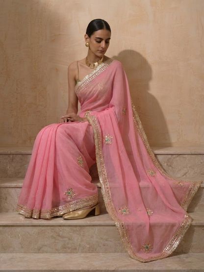 Dhiyona ST Blush Pink Chiffon Saree with Gota Patti Handwork Patches with Self Fabric Blouse