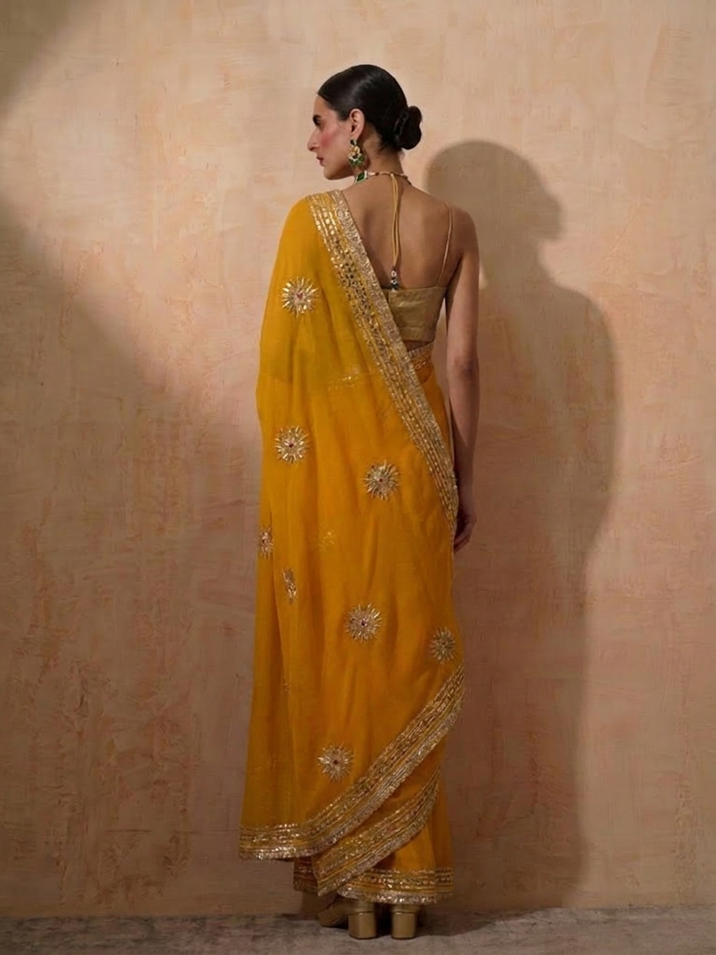 Dhiyona ST Yellow Chiffon Saree with Gota Patti Handwork Patches with Self Fabric Blouse