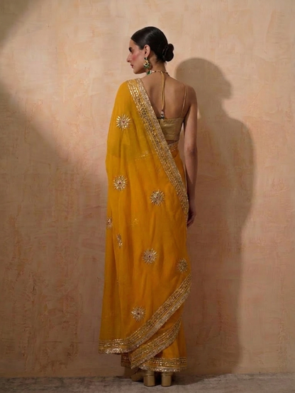 Dhiyona ST Yellow Chiffon Saree with Gota Patti Handwork Patches with Self Fabric Blouse