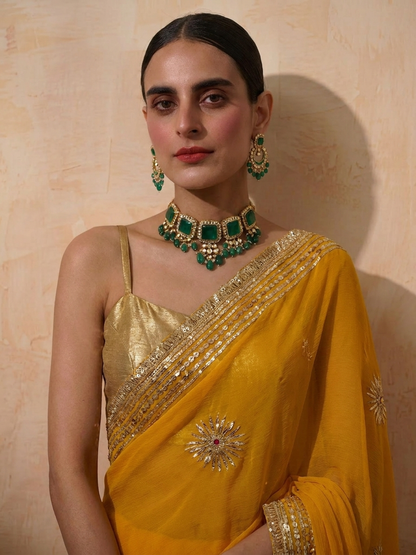 Dhiyona ST Yellow Chiffon Saree with Gota Patti Handwork Patches with Self Fabric Blouse