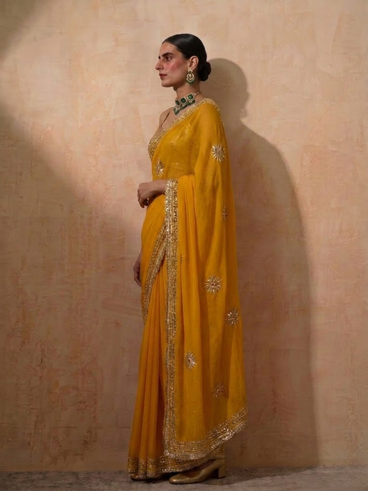 Dhiyona ST Yellow Chiffon Saree with Gota Patti Handwork Patches with Self Fabric Blouse