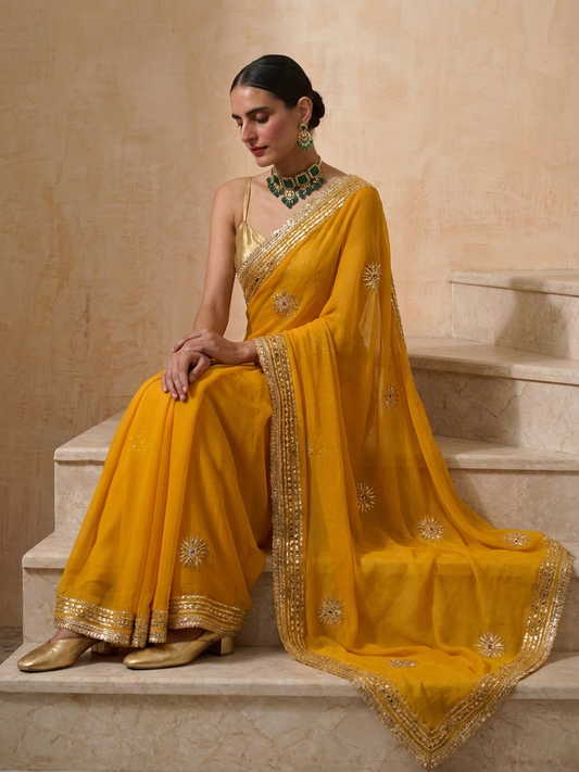 Dhiyona ST Yellow Chiffon Saree with Gota Patti Handwork Patches with Self Fabric Blouse