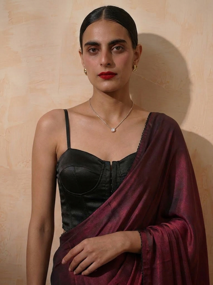 Dhiyona ST Rosewood Dual Shade Satin Saree with Hanging Lace and Self Blouse Fabric