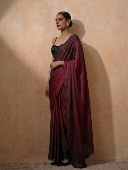 Dhiyona ST Rosewood Dual Shade Satin Saree with Hanging Lace and Self Blouse Fabric