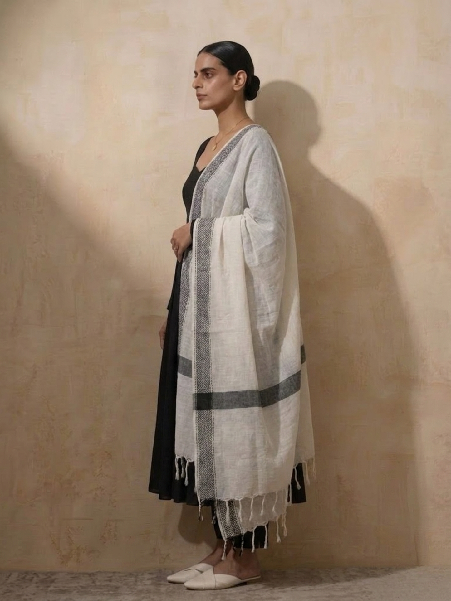 Dhiyona ST 3 Pc Set - Black Cotton Anarkali with Woven Cream Black Dupatta