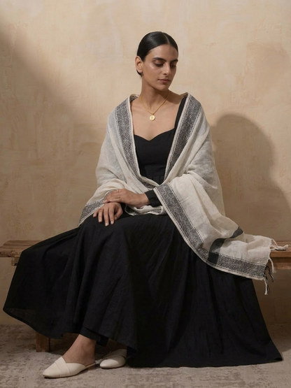 Dhiyona ST 3 Pc Set - Black Cotton Anarkali with Woven Cream Black Dupatta
