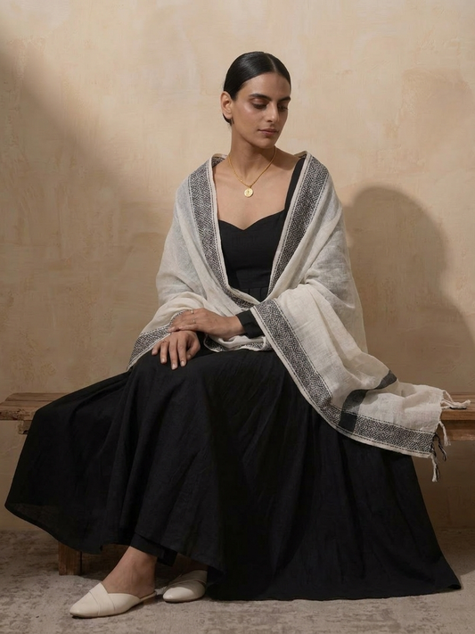 Dhiyona ST 3 Pc Set - Black Cotton Anarkali with Woven Cream Black Dupatta