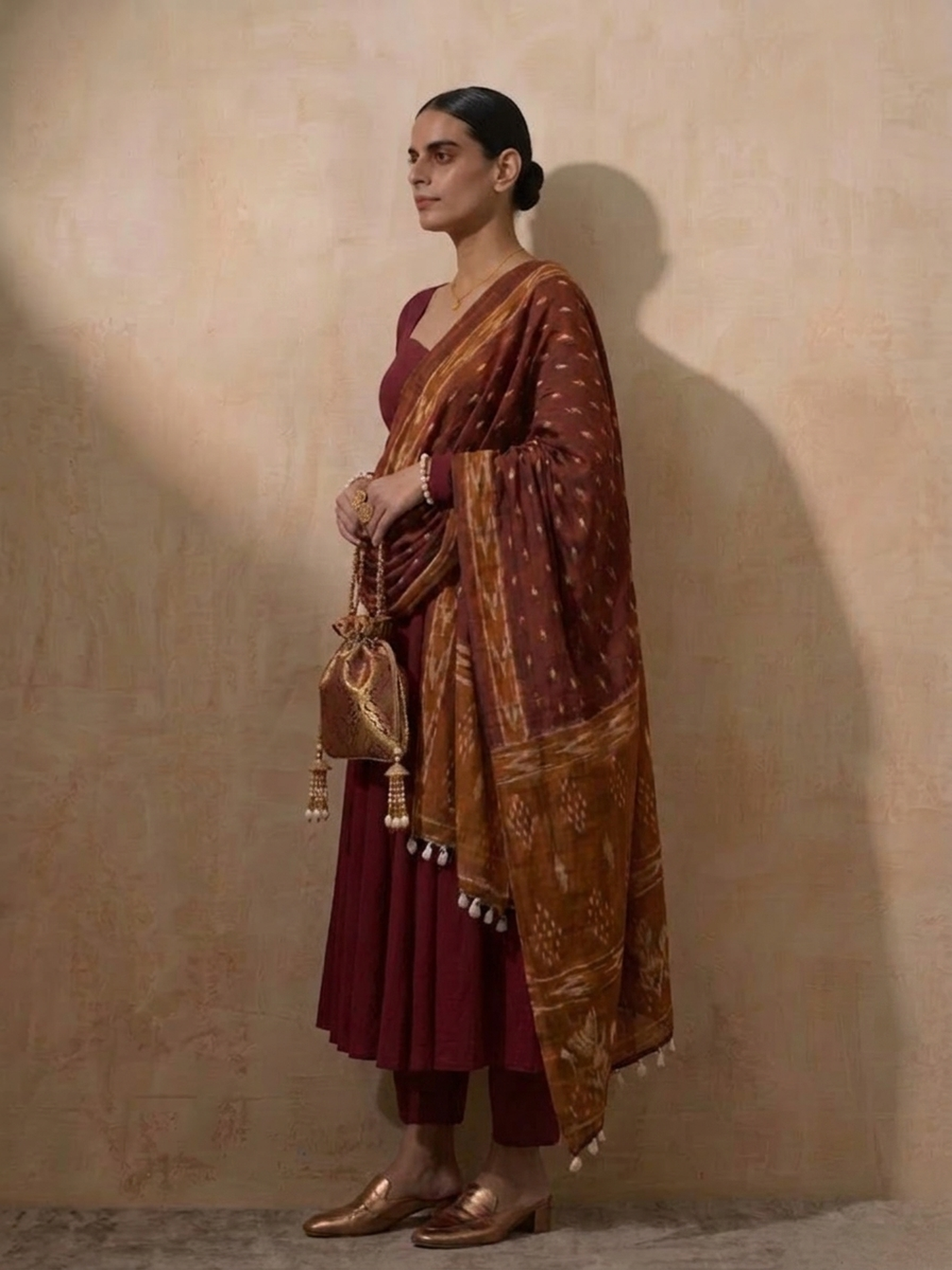 Dhiyona ST 3 Pc Set - Maroon Cotton Anarkali with Cowrie on Sleeve and Printed Dupatta Ends