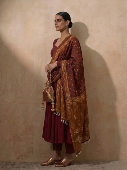 Dhiyona ST 3 Pc Set - Maroon Cotton Anarkali with Cowrie on Sleeve and Printed Dupatta Ends