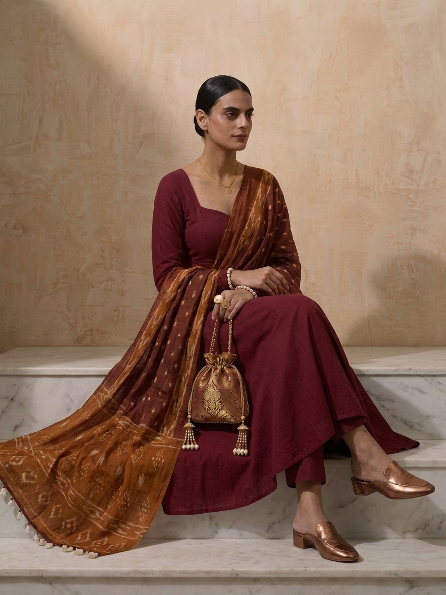 Dhiyona ST 3 Pc Set - Maroon Cotton Anarkali with Cowrie on Sleeve and Printed Dupatta Ends