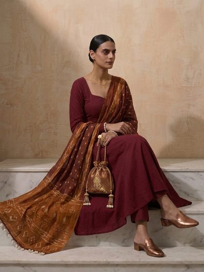 Dhiyona ST 3 Pc Set - Maroon Cotton Anarkali with Cowrie on Sleeve and Printed Dupatta Ends