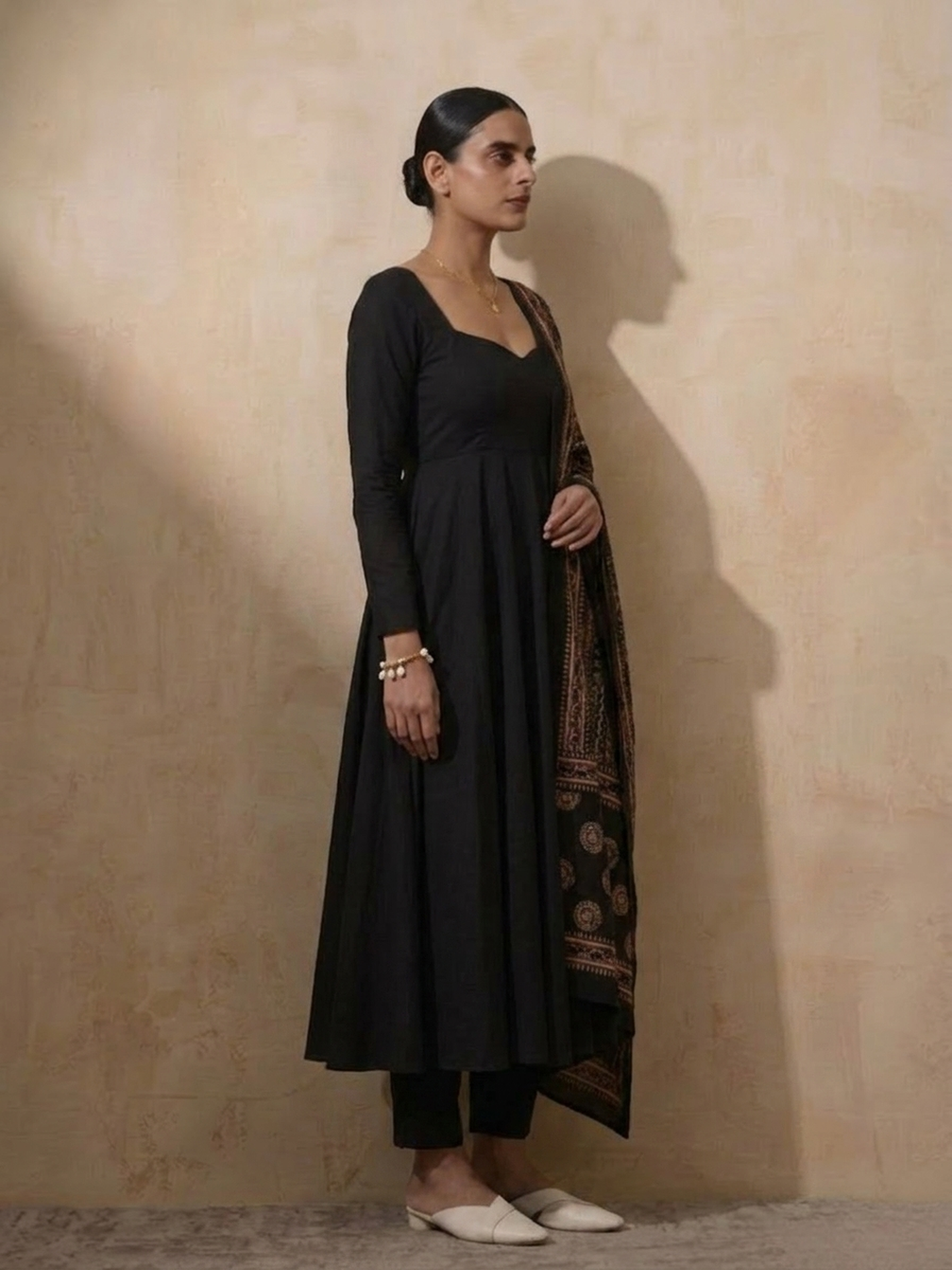 Dhiyona ST 3 Pc Set - Black Cotton Anarkali with Black Printed Dupatta