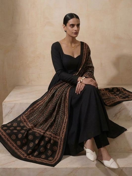 Dhiyona ST 3 Pc Set - Black Cotton Anarkali with Black Printed Dupatta
