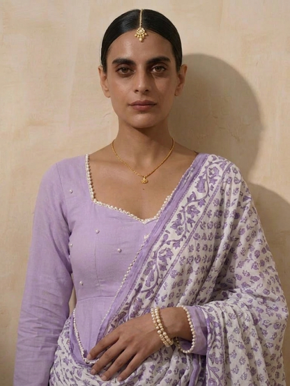 Dhiyona ST 3 Pc Set - Lilac Cotton Anarkali with Pearls and Lilac Printed Dupatta