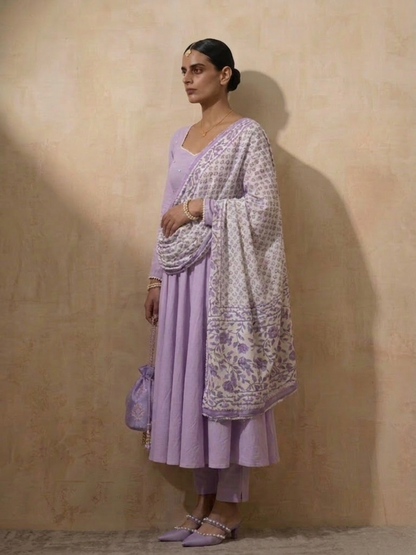 Dhiyona ST 3 Pc Set - Lilac Cotton Anarkali with Pearls and Lilac Printed Dupatta