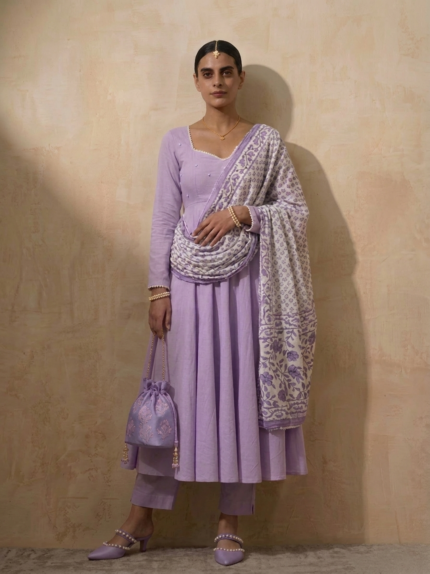 Dhiyona ST 3 Pc Set - Lilac Cotton Anarkali with Pearls and Lilac Printed Dupatta