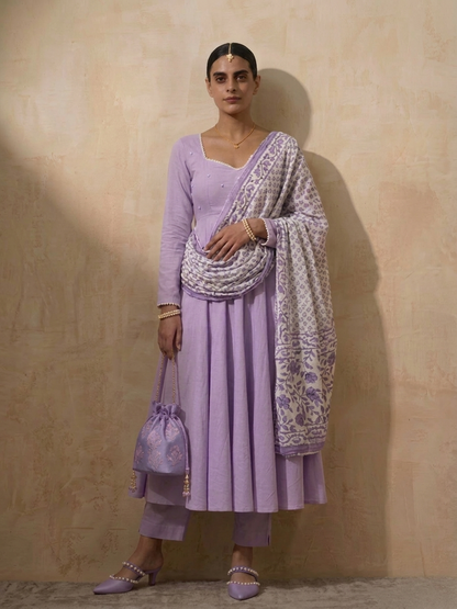 Dhiyona ST 3 Pc Set - Lilac Cotton Anarkali with Pearls and Lilac Printed Dupatta