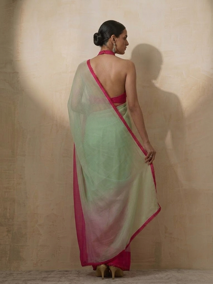 Dhiyona ST Green Coral Ombre Chiffon Saree with Self Fabric Blouse
