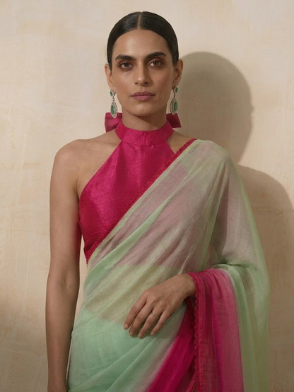Dhiyona ST Green Coral Ombre Chiffon Saree with Self Fabric Blouse
