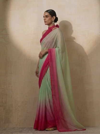 Dhiyona ST Green Coral Ombre Chiffon Saree with Self Fabric Blouse