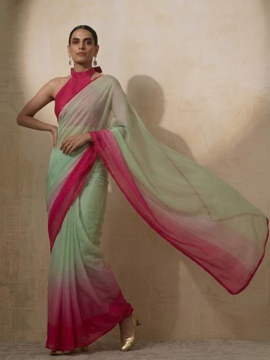 Dhiyona ST Green Coral Ombre Chiffon Saree with Self Fabric Blouse