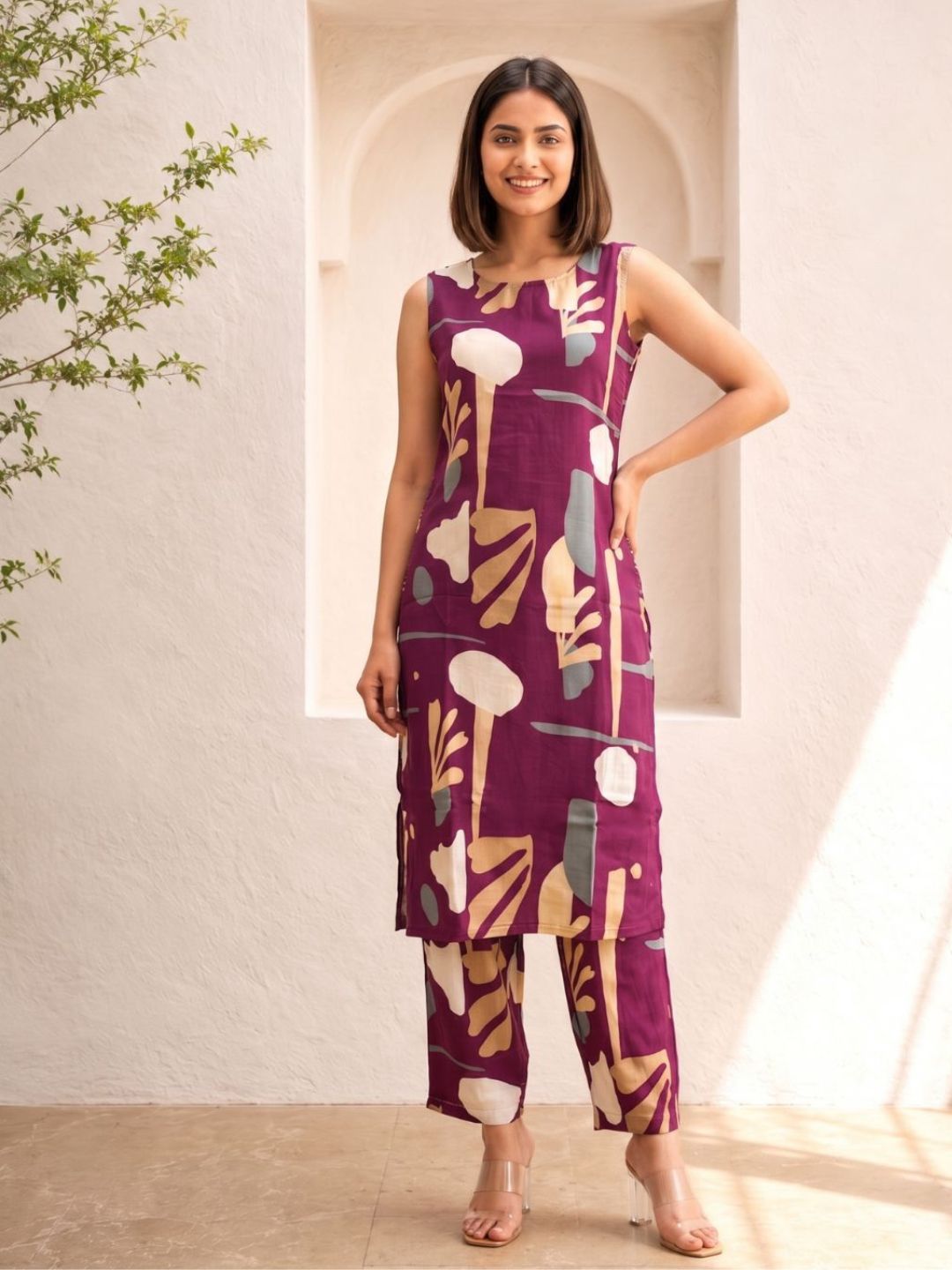 Sarika Plum Printed Sleeveless Kurta Pant Set