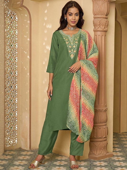 Dhiyona KL Women Ethnic Motifs Embroidered Regular Thread Work Kurta with Trousers & With Dupatta
